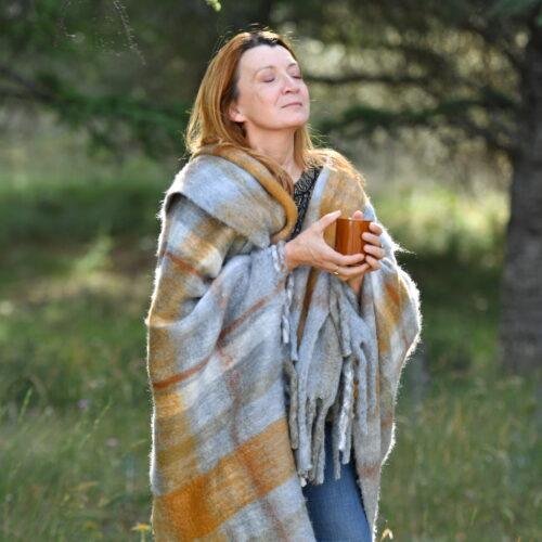 Plaid doux laine mélangée Féroé écossais gris/ocre