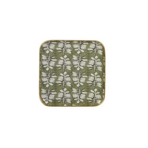 Plateau carré métal émaillé Alhambra olive, bordure dorée - 16 cm