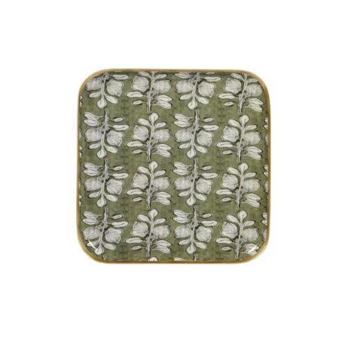 Plateau carré métal émaillé Alhambra olive, bordure dorée - 20 cm