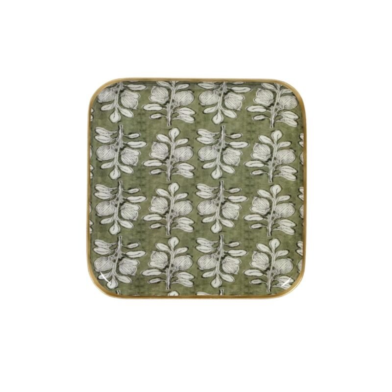 Plateau carre metal emaille alhambra vert DEC138 Plateau carré métal émaillé Alhambra olive, bordure dorée