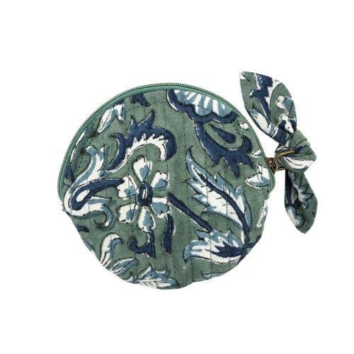 Porte-monnaie rond Bali vert/bleu imprimé blockprint