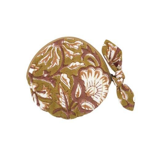 Porte-monnaie rond Bali havane imprimé blockprint