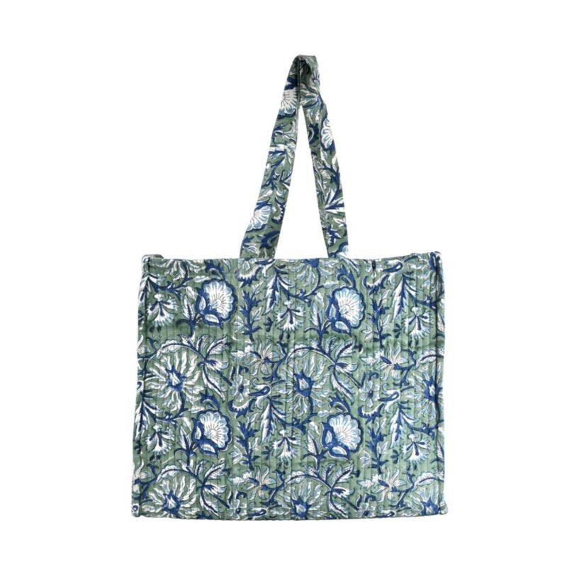 BAG009 Sac cabas matelassé Bali sauge et bleu imprimé blockprint