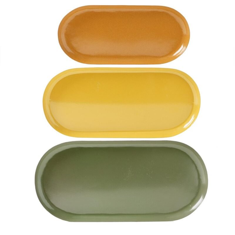 Lot de 3 plateaux ovales laiton-terracotta/havane/olive