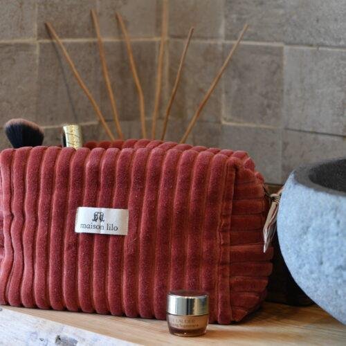Trousse de toilette velours côtelé doublure rayée