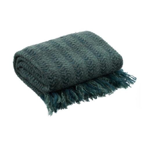 Plaid laine tissé main motif chevrons vert et bleu canard