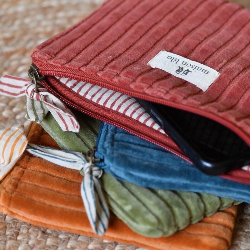 POC039-40-41-42 Pochette velours côtelé doublure rayée coordonnée