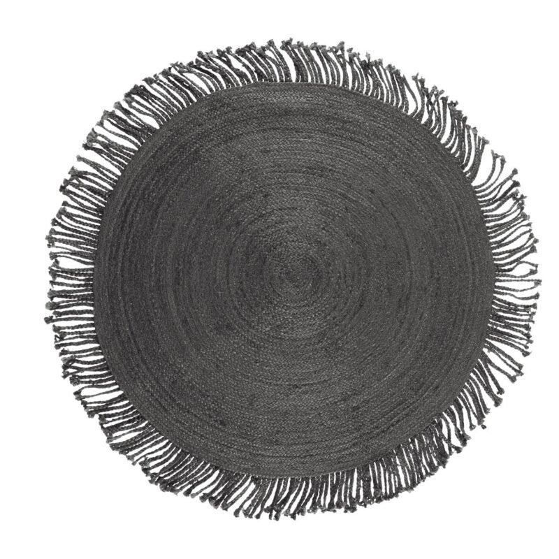 TAP061 Tapis rond 100% jute à franges nattées granit