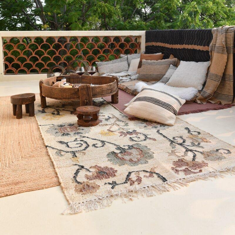 TAP102-1 Tapis Samarcande jute & coton lin/kaki/sienne