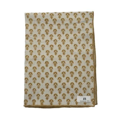 Torchon motif "Bloom" imprimé au tampon de bois, surpiqûre bourdon contrastée - lin/ocre