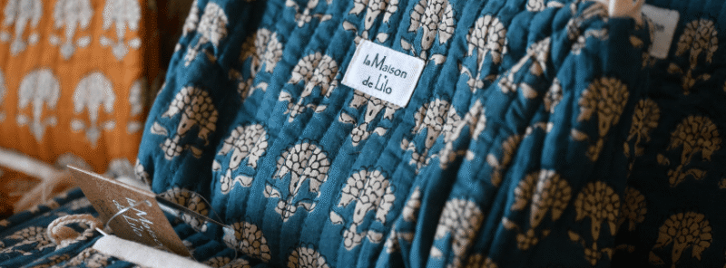 pochette Sac cabas matelassé Fleurette bleu imprimé blockprint