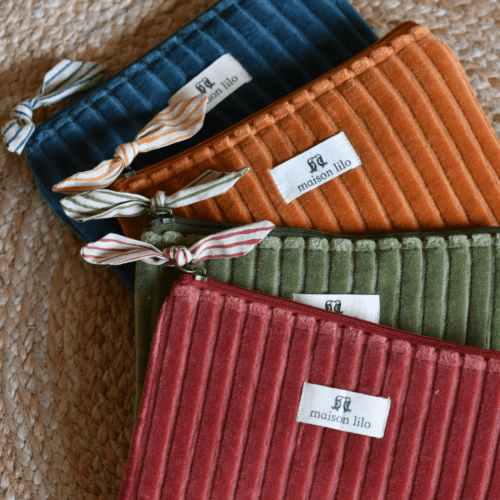 Pochette velours côtelé doublure rayée coordonnée