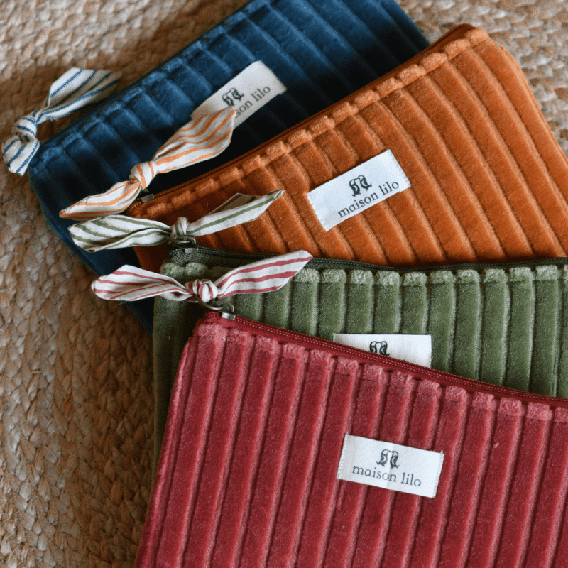 velours pochettes Pochette velours côtelé doublure rayée coordonnée