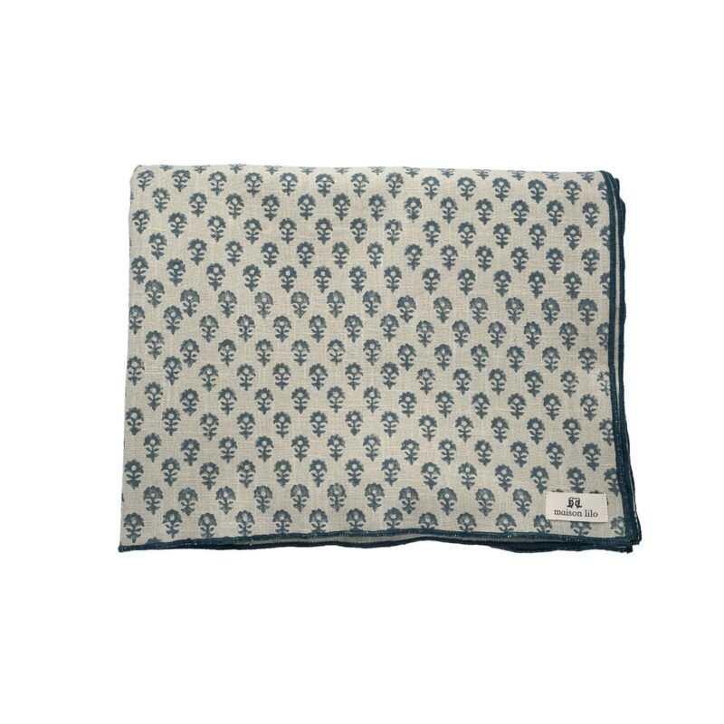 Nappe Bloom imprimée blockprint lin/baltique