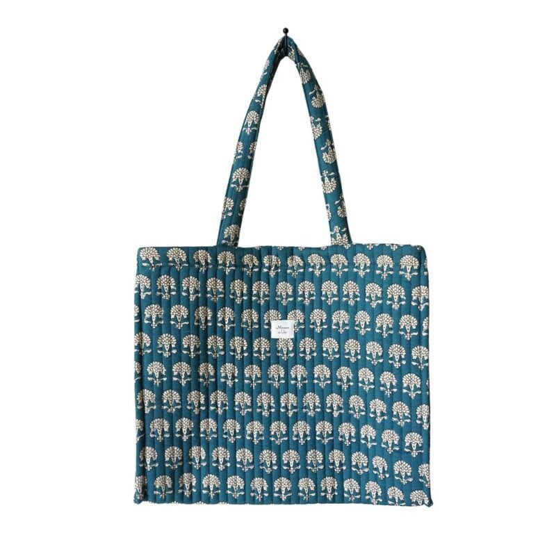 BAG011 Sac cabas matelassé Fleurette bleu imprimé blockprint