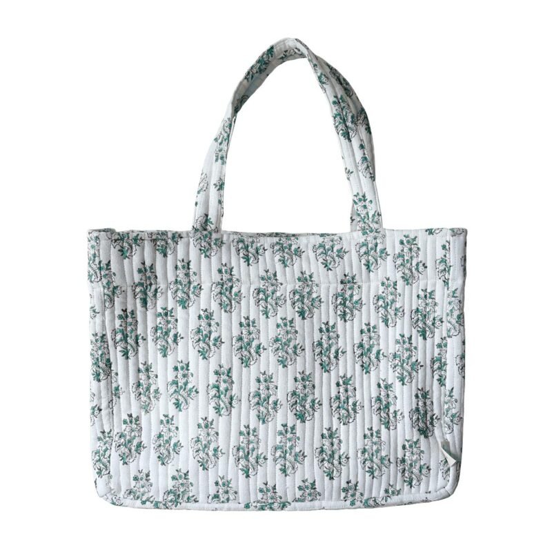 BAG015 Grand cabas gaze de coton Hoya blanc/lagon imprimé blockprint