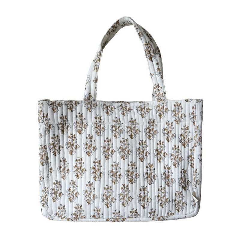 BAG016 Grand cabas gaze de coton Hoya blanc/safran imprimé blockprint