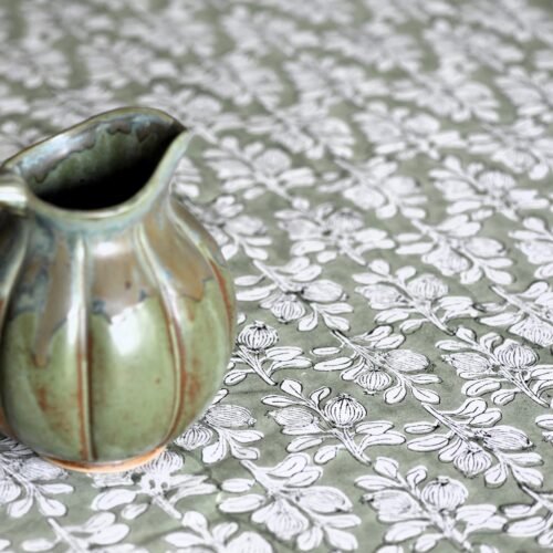 Nappe  Alhambra en coton imprimé blockprint olive