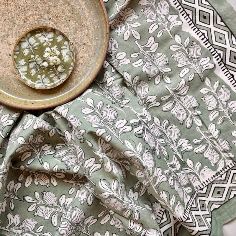 PLD361-PLD342-2 Nappe Alhambra en coton imprimé blockprint olive