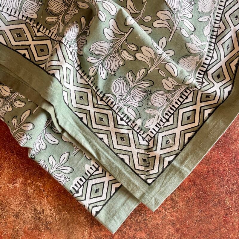PLD361-PLD342-3 Nappe Alhambra en coton imprimé blockprint olive