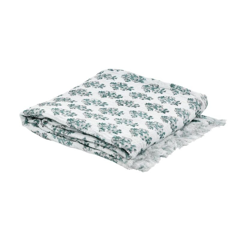 Plaid fouta Hoya en gaze de coton imprimée écru-lagon