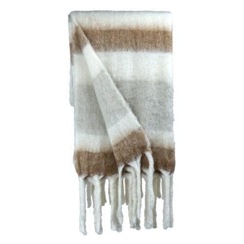 Plaid doux laine mélangée Baltik rayé écru/camel/taupe
