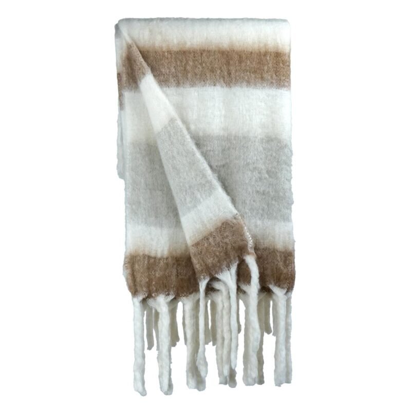 Plaid doux laine mélangée Baltik rayé écru/camel/taupe