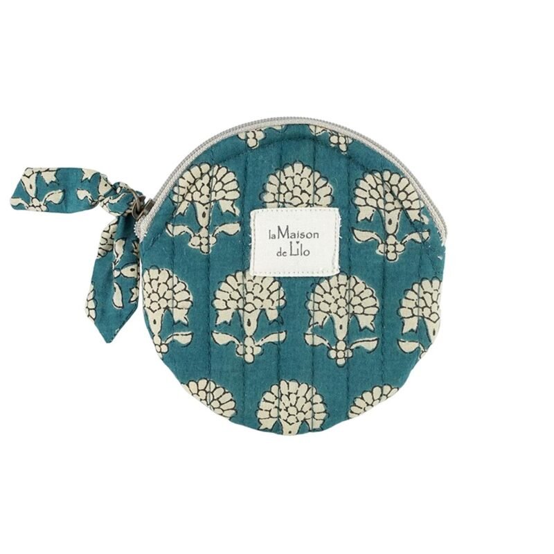 POC020 Porte-monnaie rond Fleurette bleu imprimé blockprint