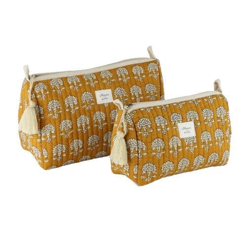 Trousse coton matelassé imprimé blockprint Fleurette safran