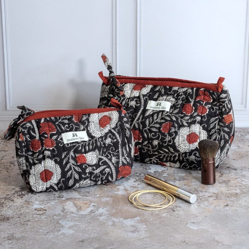 POC033 PO Trousse en coton matelassé imprimé blockprint "Poppies"