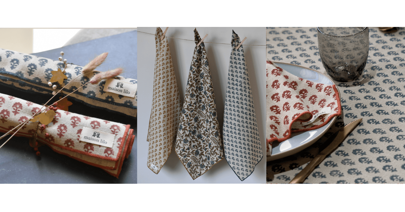 Nappe  Alhambra en coton imprimé blockprint olive