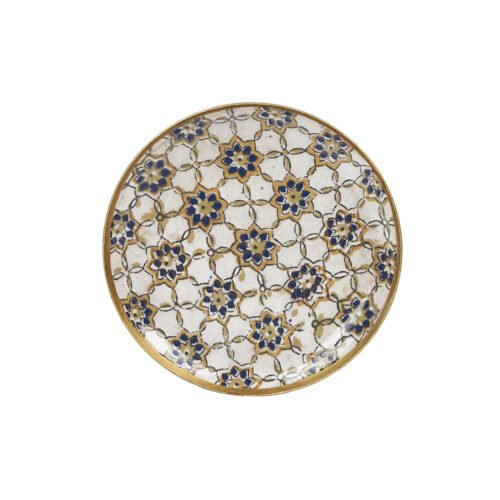 Mini plateau rond métal émaillé Zellige ocre/bleu, bordure dorée