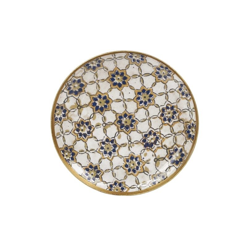 Mini plateau rond métal émaillé Zellige ocre/bleu, bordure dorée