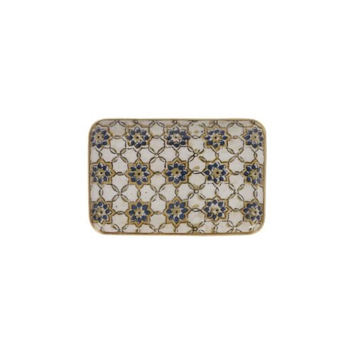 Plateau métal Zellige bleu et ocre bordure dorée