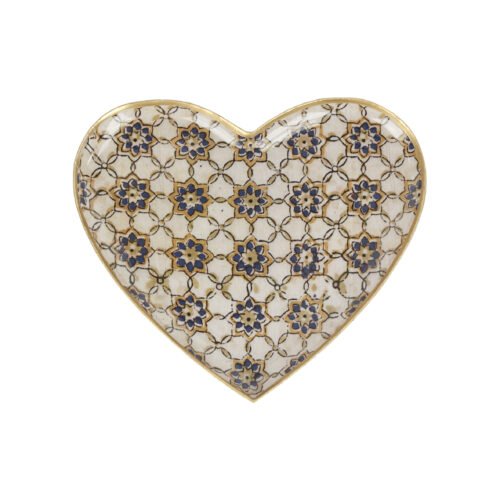 Plateau coeur métal émaillé Zellige ocre/bleu, bordure dorée