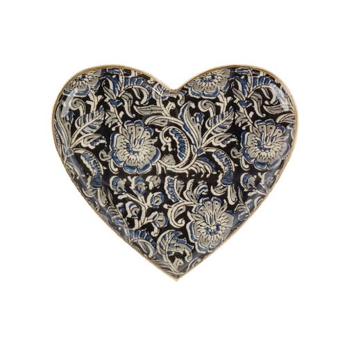 Plateau coeur métal émaillé Kalamkari, bordure dorée