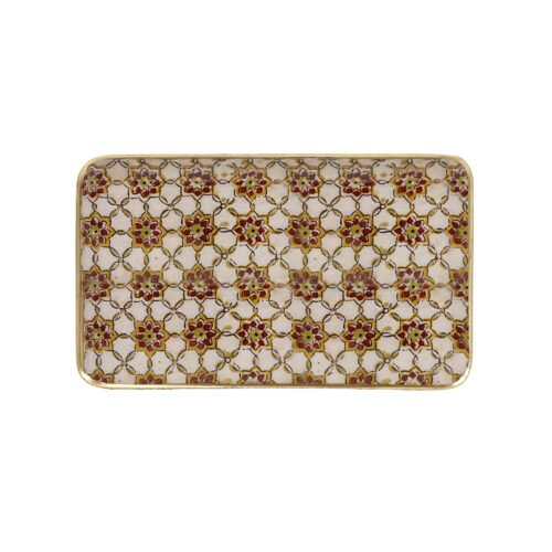 Plateau métal émaillé Zellige ocre/brick, bordure dorée 15 x 25 cm