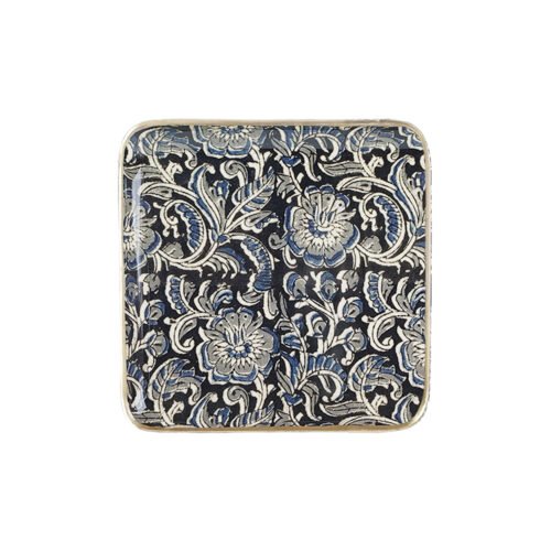 Plateau carré métal émaillé Kalamkari, bordure dorée