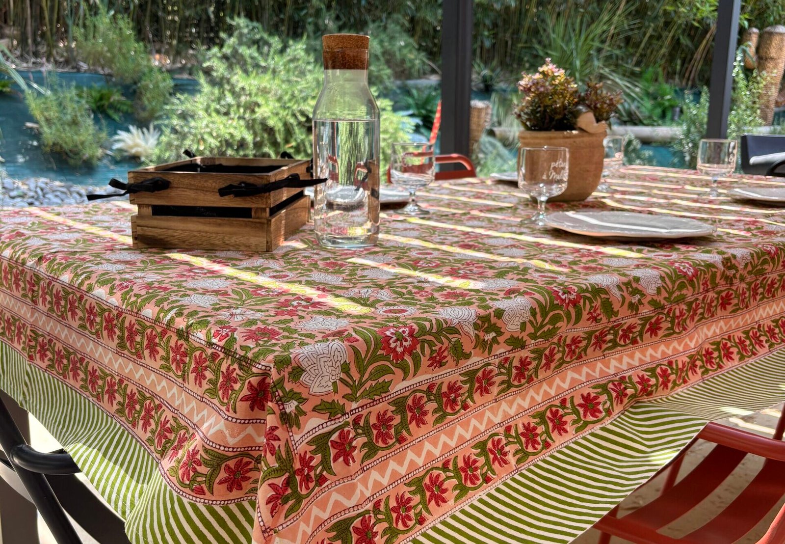 Nappe Versailles vert d'eau, coton imprimé blockprint