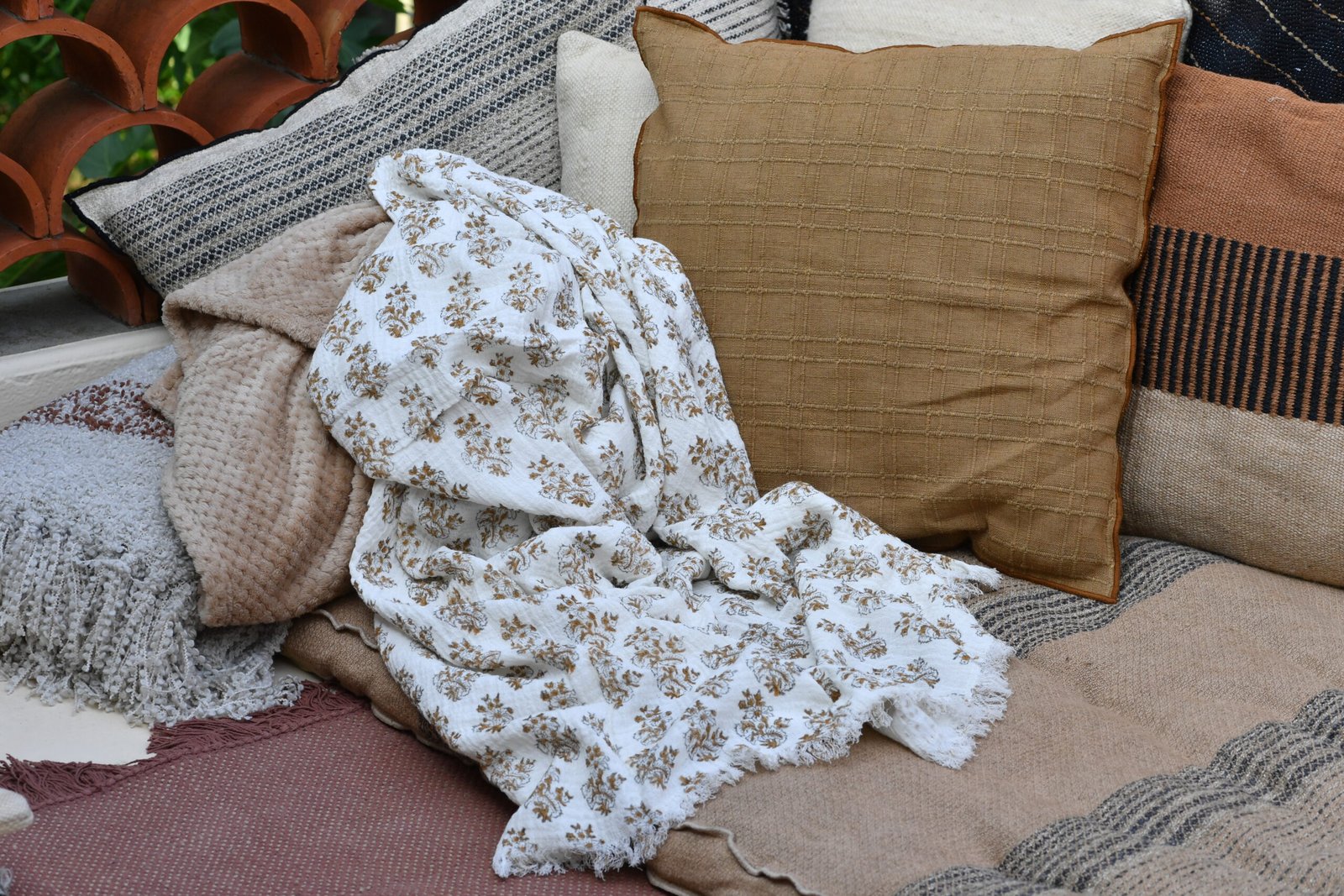 Plaid coton épais Atlas doublé sherpa écru et kaki
