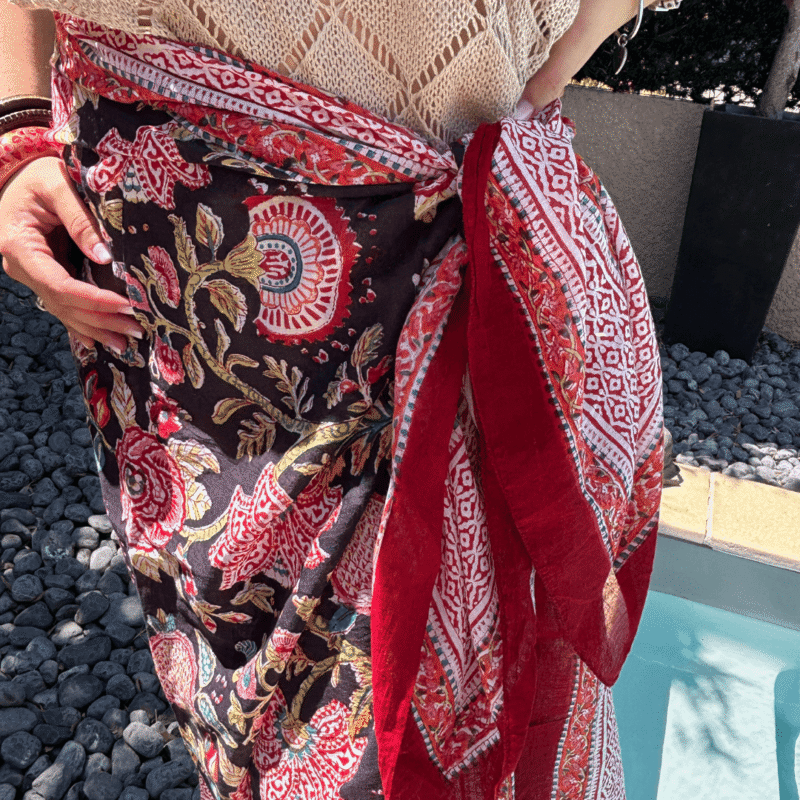 _PAR0002-061-3 Grand foulard-paréo Black Tropiques en voile de coton imprimé blockprint