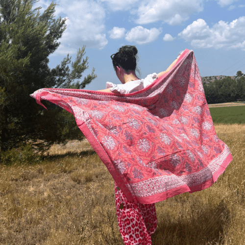 Grand foulard-paréo Goa imprimé blockprint en voile de coton