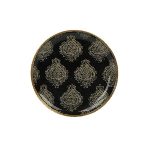 Mini plateau rond métal émaillé Arles noir, bordure dorée