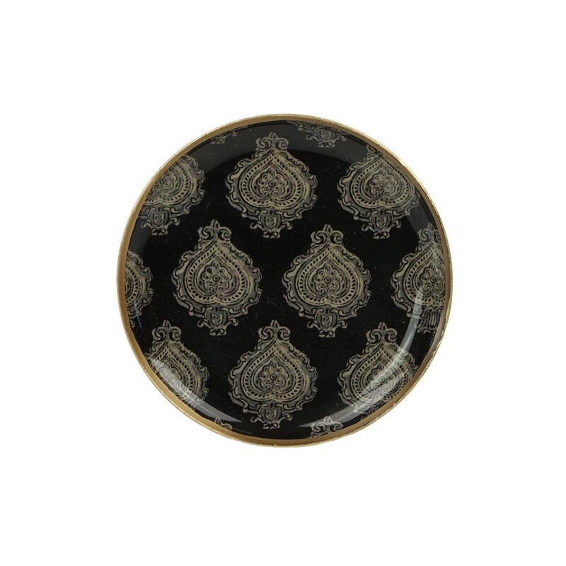 DEC189 Mini plateau rond métal émaillé Arles noir, bordure dorée
