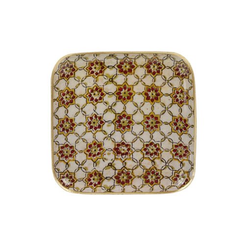 Plateau carré métal émaillé Zellige ocre/brick, bordure dorée