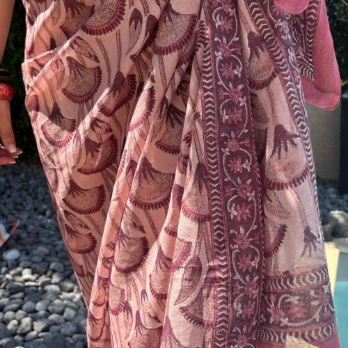 Paréo Papyrus rose lilas en voile de coton imprimé blockprint