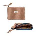 Pochette velours côtelé fermeture zip contrastée, doublure imprimée - moka fermeture bleu pétrole