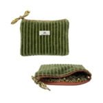 Pochette velours côtelé fermeture zip contrastée, doublure imprimée - vert kaki fermeture caramel