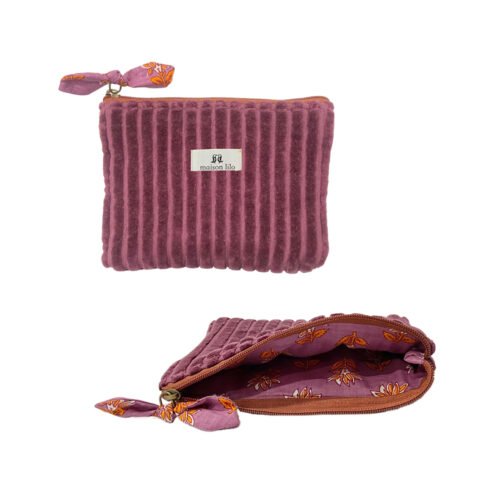 Pochette velours côtelé fermeture zip contrastée, doublure imprimée - prune fermeture fauve