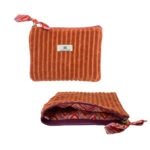 Pochette velours côtelé fermeture zip contrastée, doublure imprimée - fauve fermeture violette